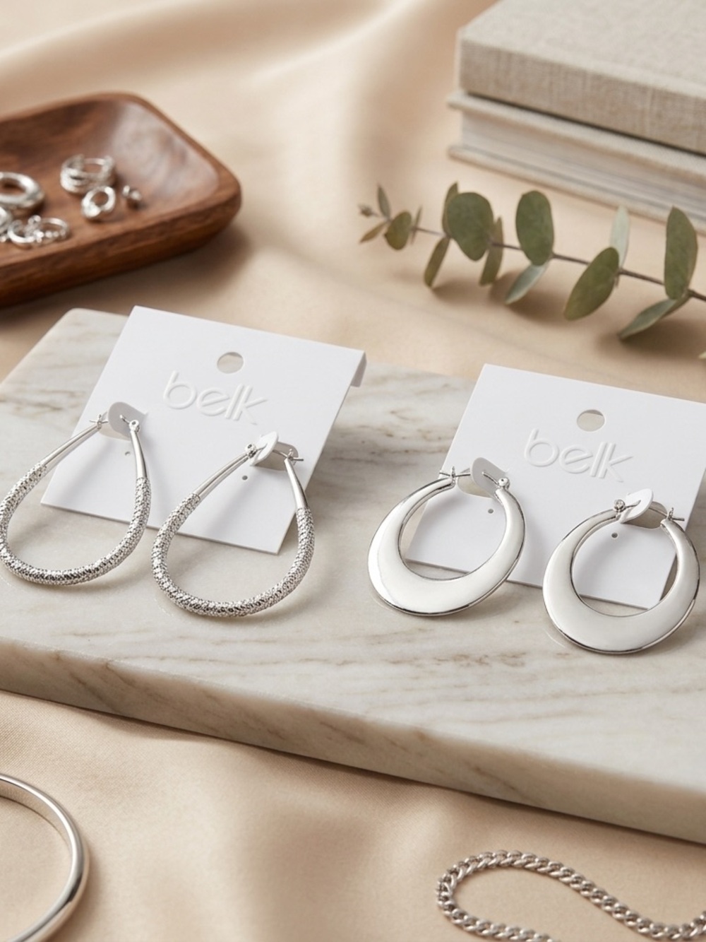 belk Silver Hoop Earring Duo - Textured Teardrop & Smooth Round